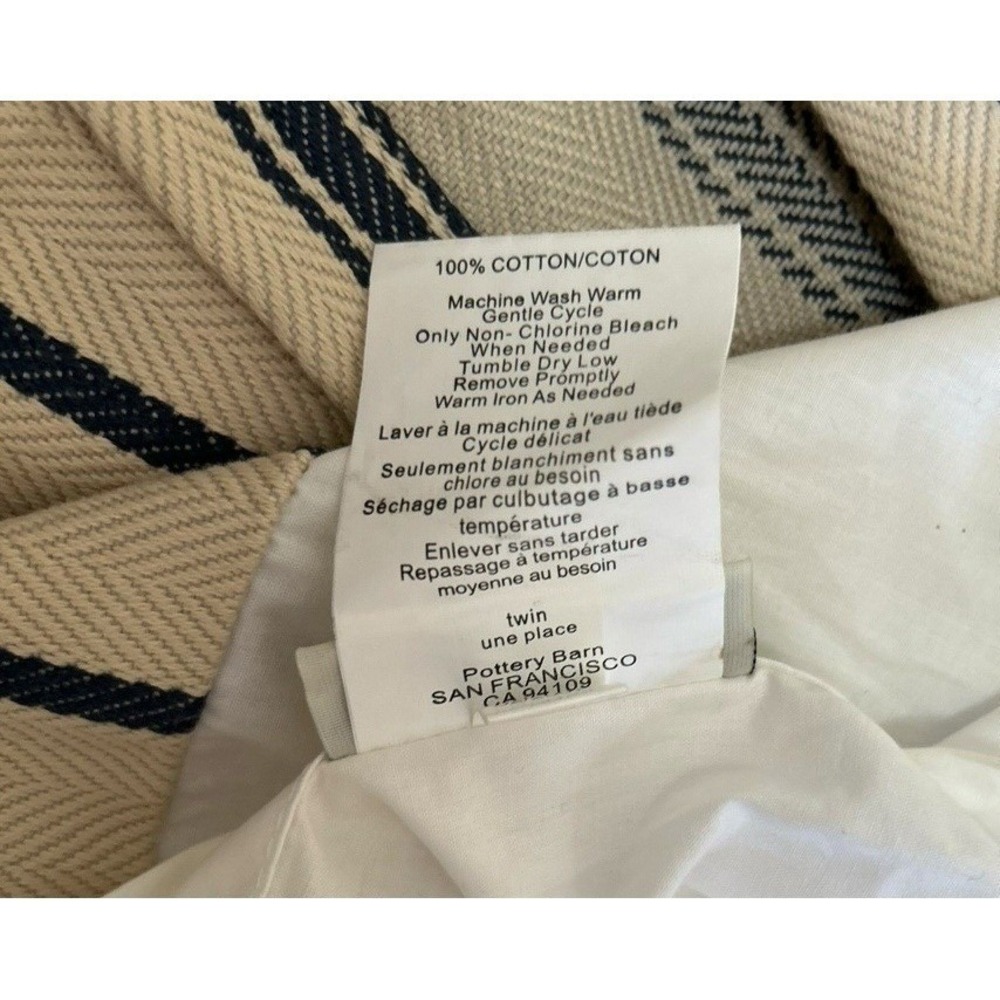Pottery Barn Navy Blue Tan Stripe Cotton Twin Bedskirt Set 16" Drop Timeless - Picture 4 of 7